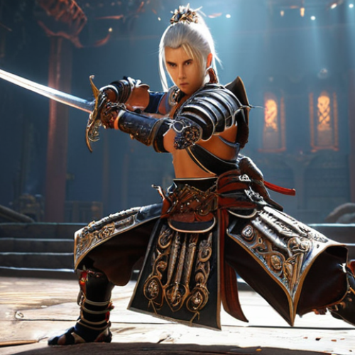 Home 4 ** A Blade & Soul character, intensely focused, practicing a complex skill combo in a training arena, with skill effects and damage numbers displaying. Polish warrior in full armor, sword in hand, cinematic lighting.
**