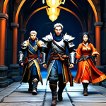 Dungeon Speedrun Team**

"A team of four fully clothed adventurers in Blade & Soul style fantasy armor, running through a vibrant, action-packed dungeon corridor, appropriate attire, safe for work, perfect anatomy, natural proportions, dynamic pose, digital art, high quality, professional, modest clothing, family-friendly."

**