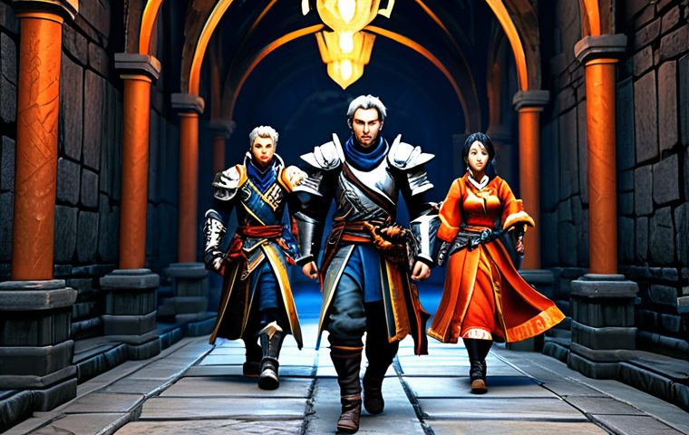 Dungeon Speedrun Team**
"A team of four fully clothed adventurers in Blade & Soul style fantasy armor, running through a vibrant, action-packed dungeon corridor, appropriate attire, safe for work, perfect anatomy, natural proportions, dynamic pose, digital art, high quality, professional, modest clothing, family-friendly."
**