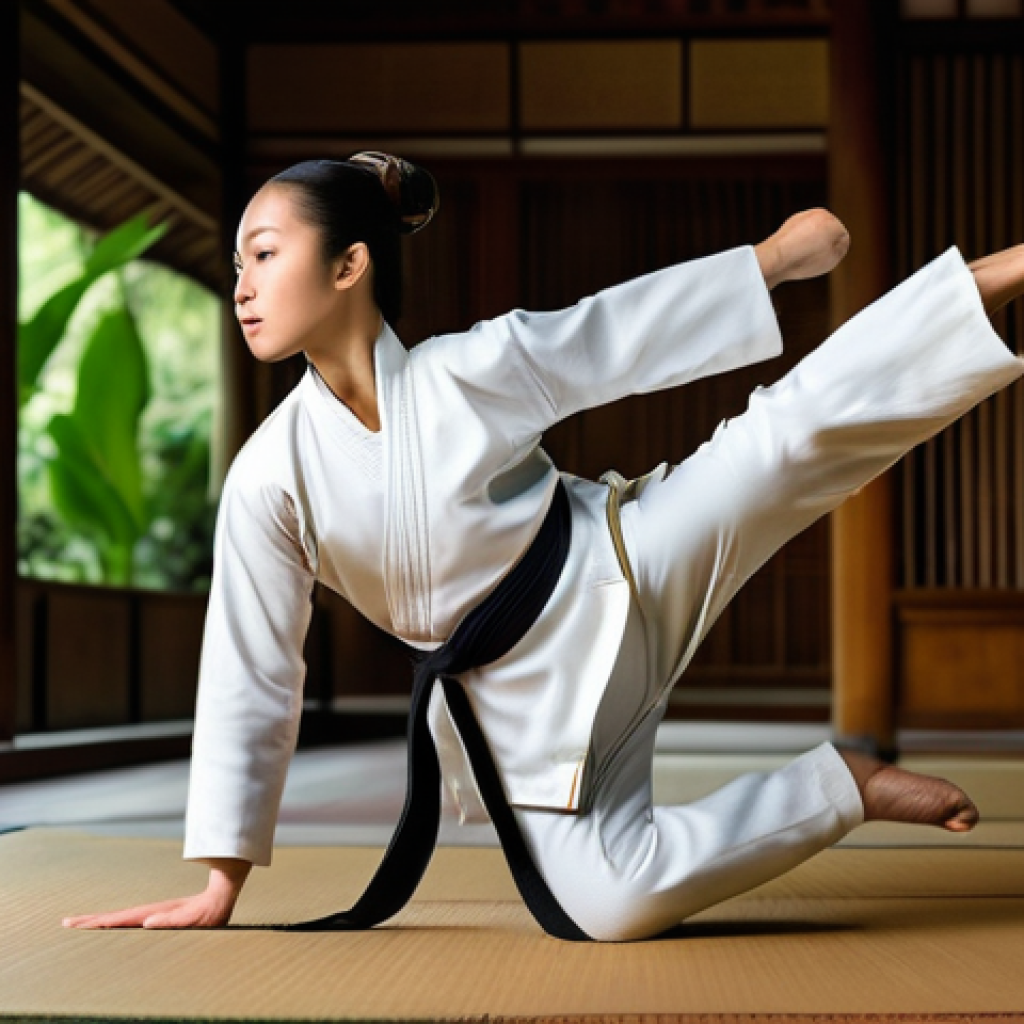 블레이드앤소울 캐릭터 성장 로드맵 - A determined female martial artist, captured mid-air in a powerful, acrobatic kick. She wears a prac...