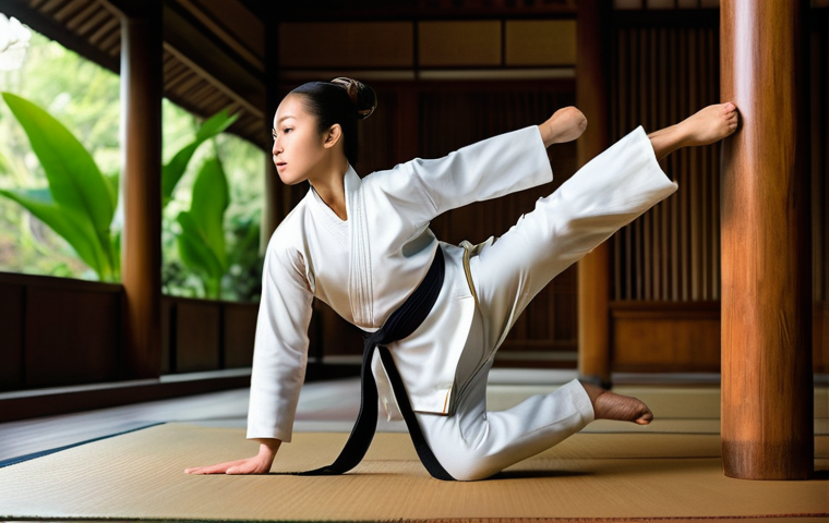 블레이드앤소울 캐릭터 성장 로드맵 - A determined female martial artist, captured mid-air in a powerful, acrobatic kick. She wears a prac...